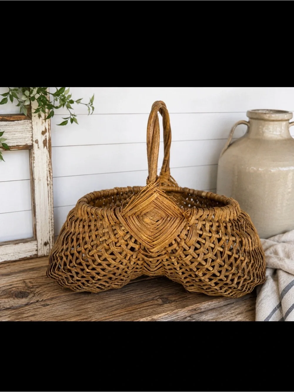 Vintage Handwoven Double Gathering Basket Egg Harvest Market Basket Woven Handle